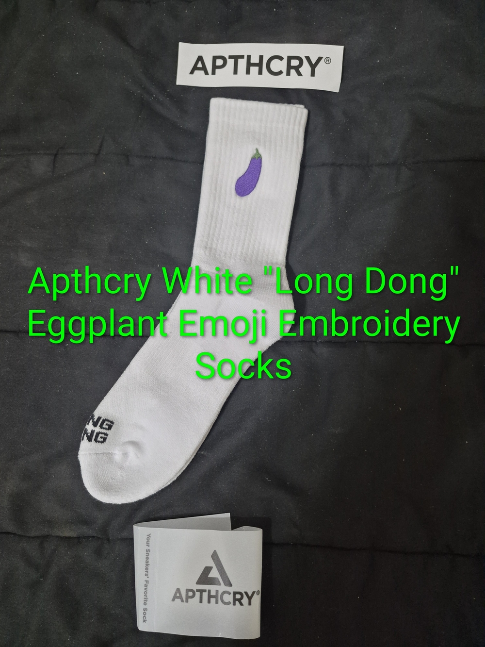 Apthcry White "Long Dong" Eggplant Emoji Embroidery Socks New